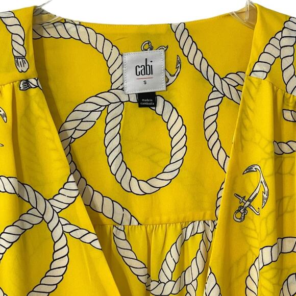 Cabi Knot Blouse Top Yellow Nautical Reef Anchors Sz S 5707 Preppy Sailor Chic - Picture 3 of 7